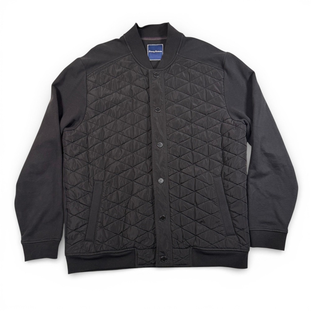 Tommy Bahama Men Black Quilted Front Snap Bomber Jacket Large Cotton Knit Hybrid